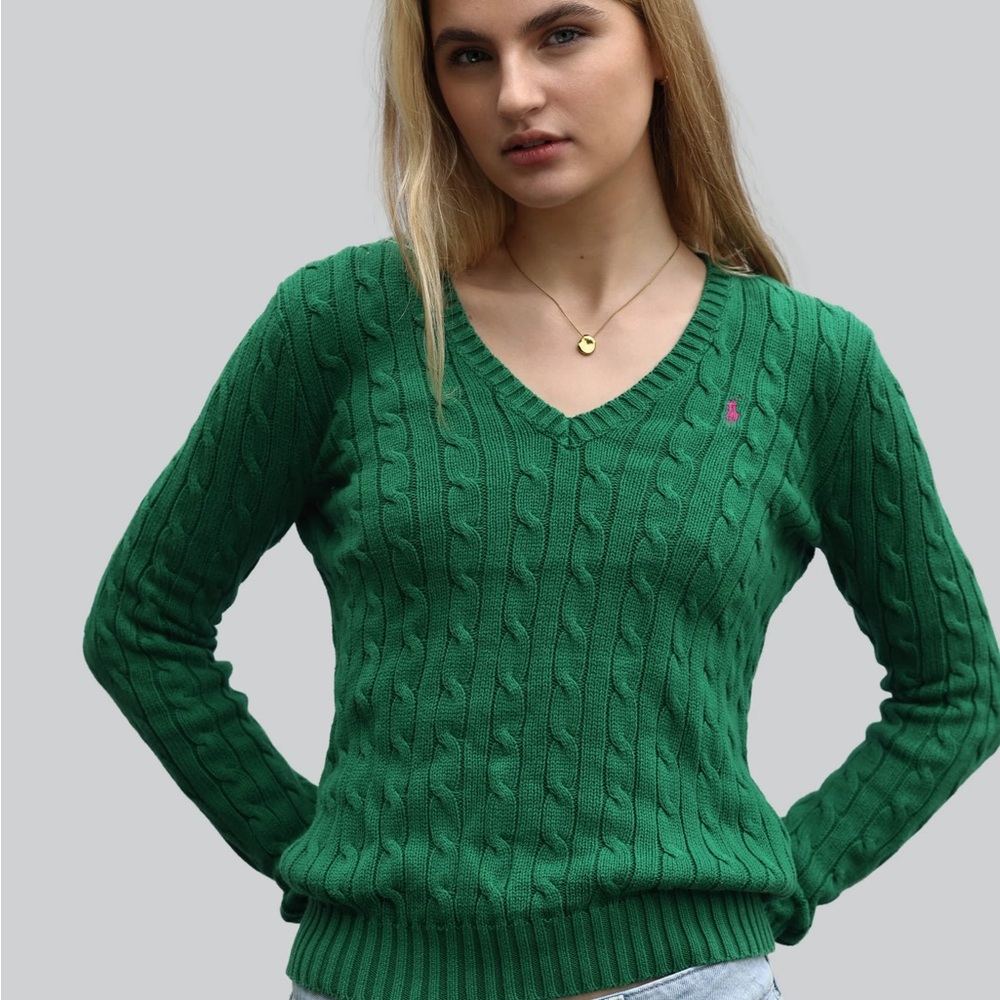 Ralph Lauren Cable Knit V-Neck Sweater Green Yellow Pony